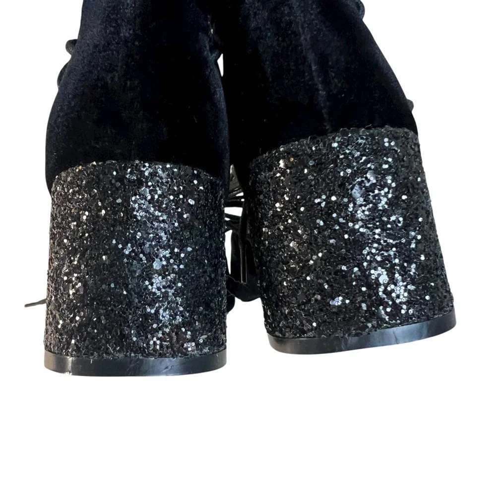 Mi.iM Black Velvet Block Glitter Heel Strappy Lace Up Shoes Pointed Toe Size 8.5